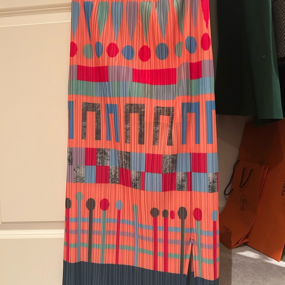Pink and Blue Pleated A-line Midi Skirt